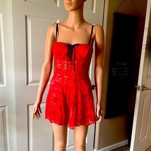 Red Lace Corset Nightie w/Black Trim